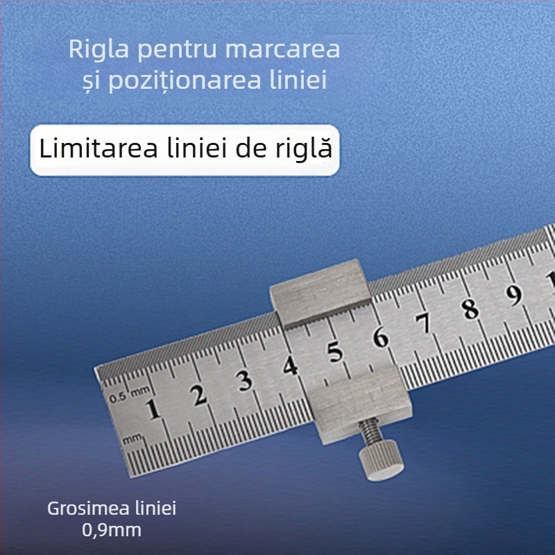 Riglă din oțel inoxidabil cu bloc de poziționare și limită – pentru tâmplărie, scară metrică și inci