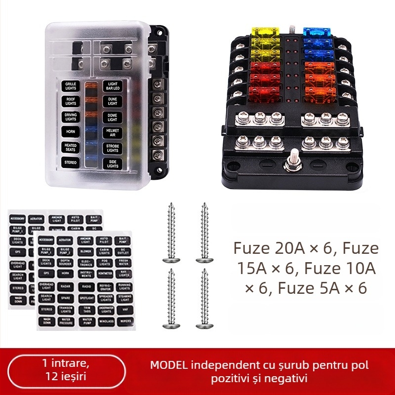 Baohe cutie de siguranțe cu 6 canale, independentă, cu polii pozitivi și negativi, pentru mașini, RV, off-road, SUV, camioane și autobuze; divizor de alimentare