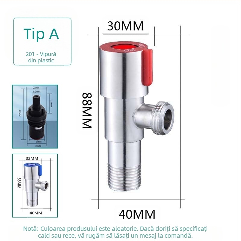 Ventil unghiular din oțel inoxidabil 304, cu trei căi, montaj în perete, pentru toaletă, boiler și robinet, presiune de lucru 0,8 MPa