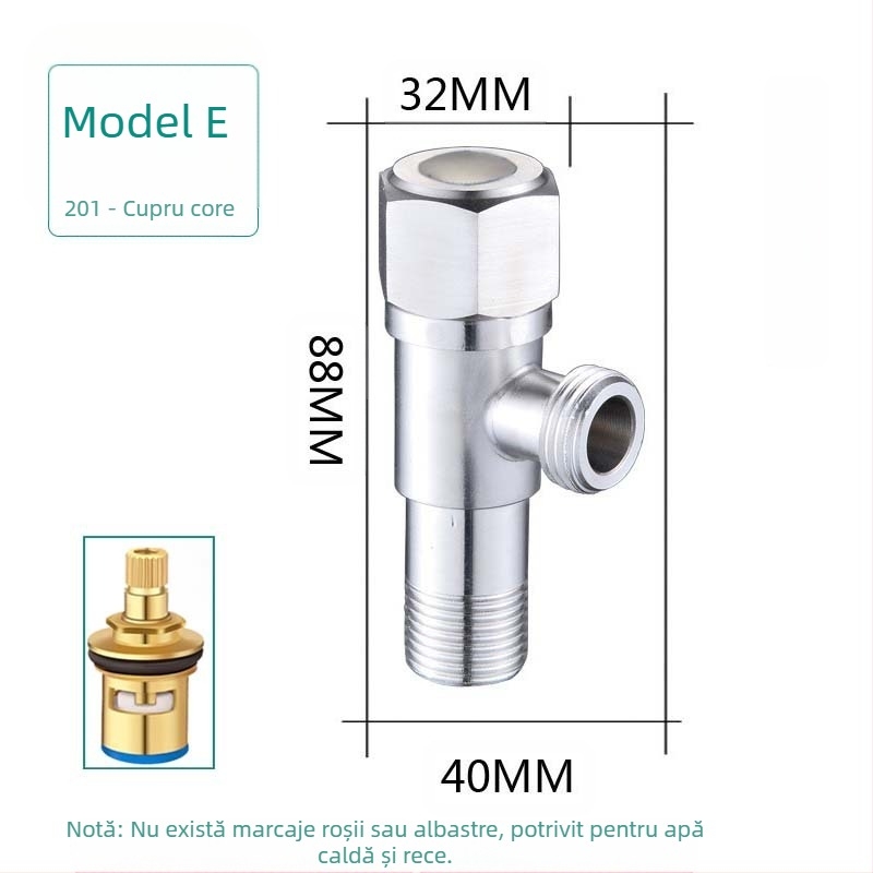 Ventil unghiular din oțel inoxidabil 304, cu trei căi, montaj în perete, pentru toaletă, boiler și robinet, presiune de lucru 0,8 MPa