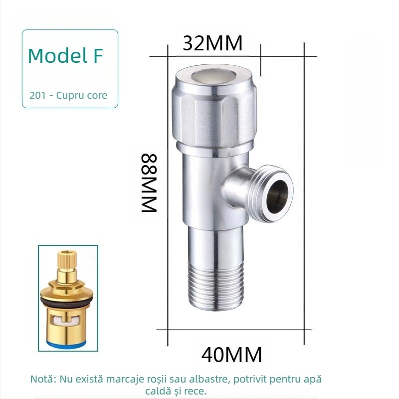 Ventil unghiular din oțel inoxidabil 304, cu trei căi, montaj în perete, pentru toaletă, boiler și robinet, presiune de lucru 0,8 MPa