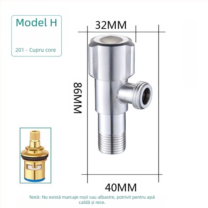Ventil unghiular din oțel inoxidabil 304, cu trei căi, montaj în perete, pentru toaletă, boiler și robinet, presiune de lucru 0,8 MPa