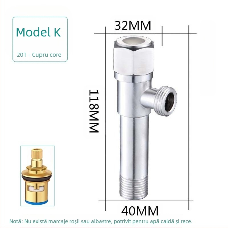 Ventil unghiular din oțel inoxidabil 304, cu trei căi, montaj în perete, pentru toaletă, boiler și robinet, presiune de lucru 0,8 MPa