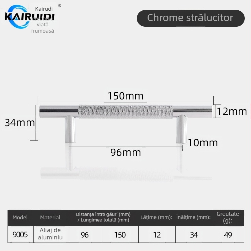 Mâner pentru ușă garderobă și dulap, aliaj de aluminiu, finisaj electroplacat, model 9005, brand Kairuiti, stil modern minimalist, lux discret