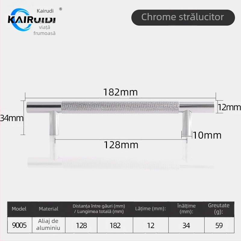 Mâner pentru ușă garderobă și dulap, aliaj de aluminiu, finisaj electroplacat, model 9005, brand Kairuiti, stil modern minimalist, lux discret