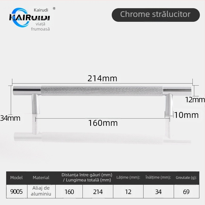 Mâner pentru ușă garderobă și dulap, aliaj de aluminiu, finisaj electroplacat, model 9005, brand Kairuiti, stil modern minimalist, lux discret
