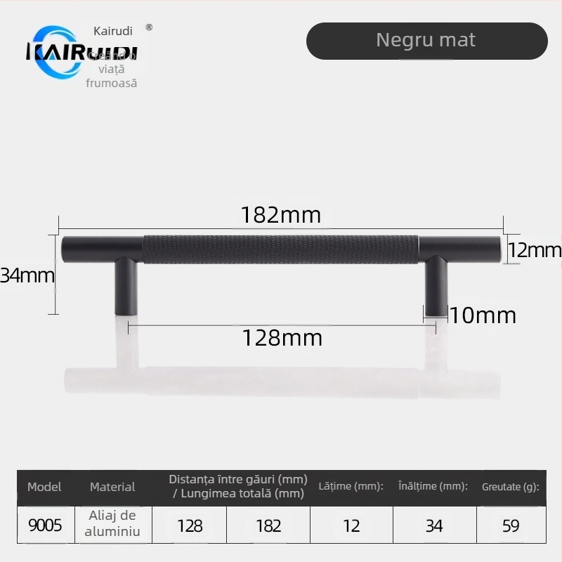 Mâner pentru ușă garderobă și dulap, aliaj de aluminiu, finisaj electroplacat, model 9005, brand Kairuiti, stil modern minimalist, lux discret
