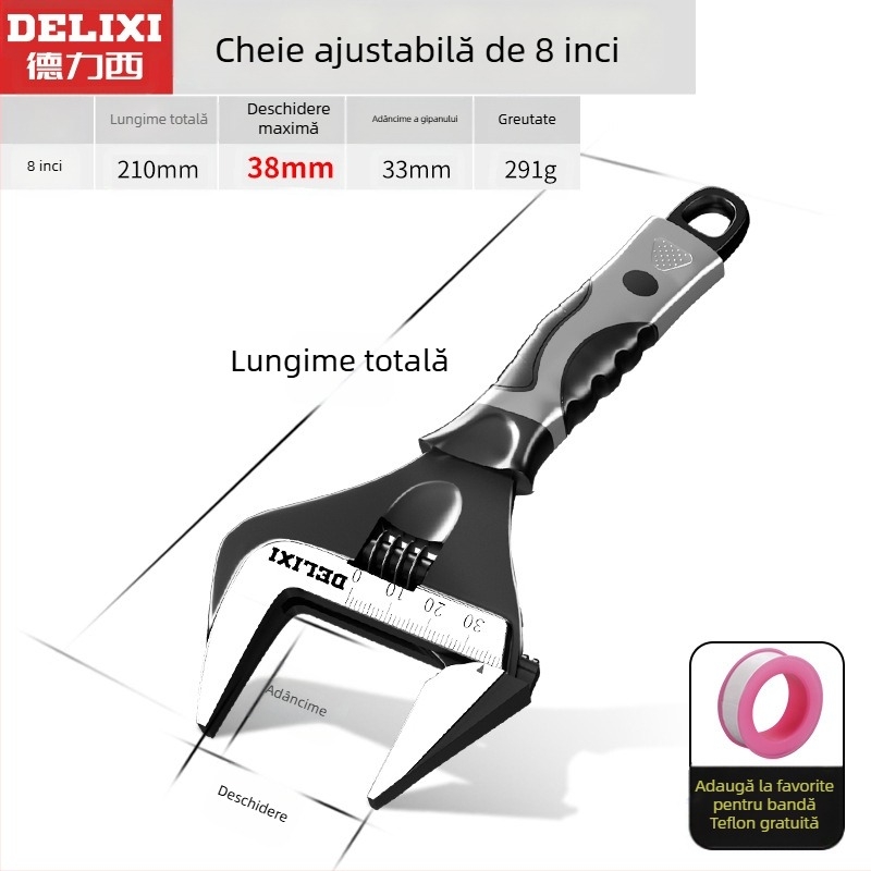 Cheie reglabilă cu deschidere mare, unealtă manuală multifuncțională, oțel crom-vanadiu