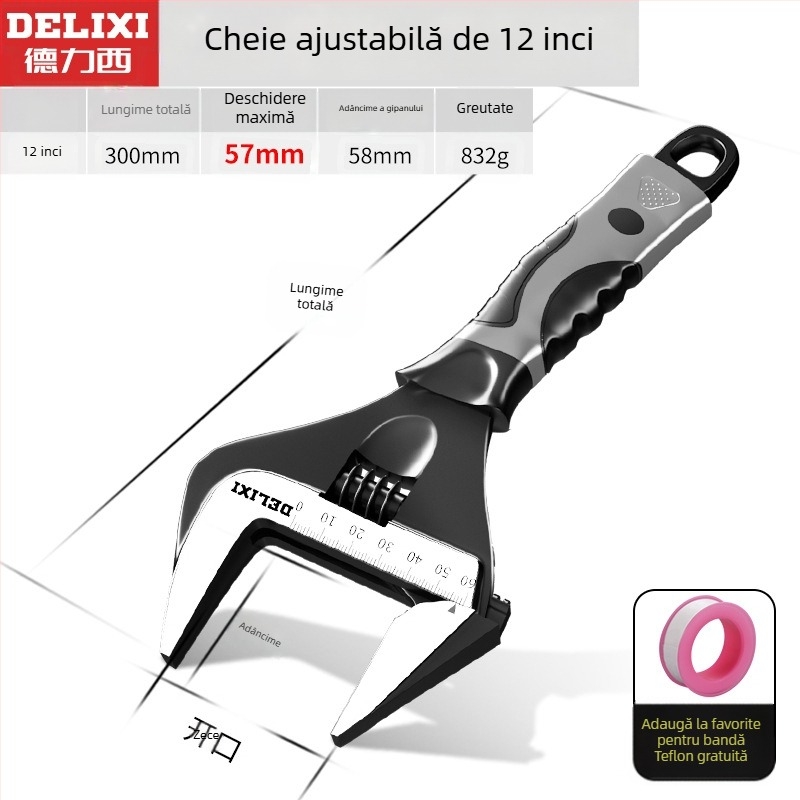 Cheie reglabilă cu deschidere mare, unealtă manuală multifuncțională, oțel crom-vanadiu