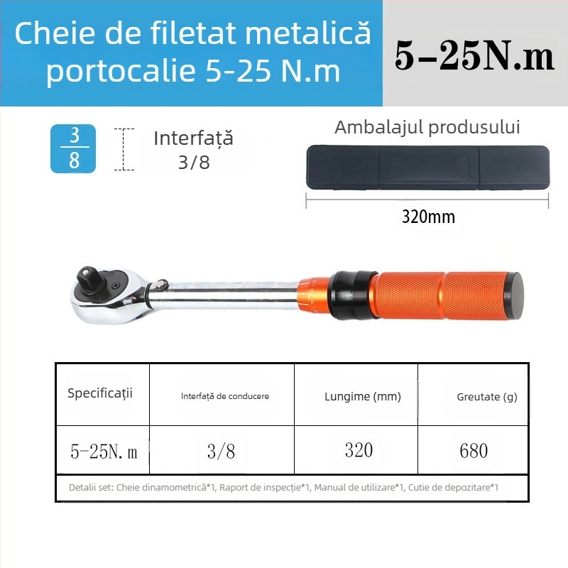 Set cheie dinamometrică cu rachetă, 8 piese, oțel crom-vanadiu, finisaj lucios, precizie ±3