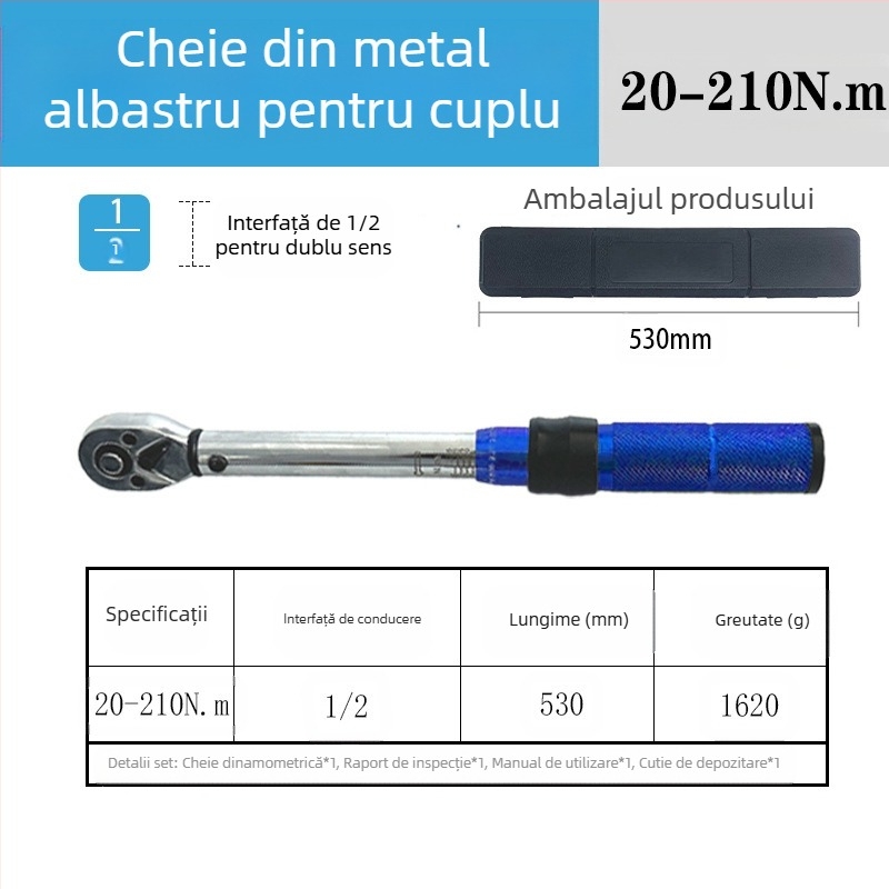 Set cheie dinamometrică cu rachetă, 8 piese, oțel crom-vanadiu, finisaj lucios, precizie ±3