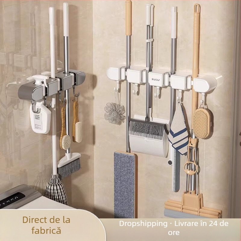 Suport de mop montat pe perete cu clips, plastic, 270 g, turnare prin injecție, stil lux accesibil
