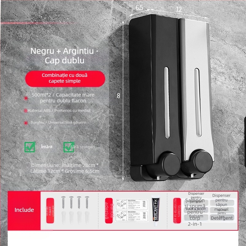 Dispenser de săpun, montat pe perete, din plastic, pentru baie și bucătărie, cu acționare prin apăsare, design modern minimalist