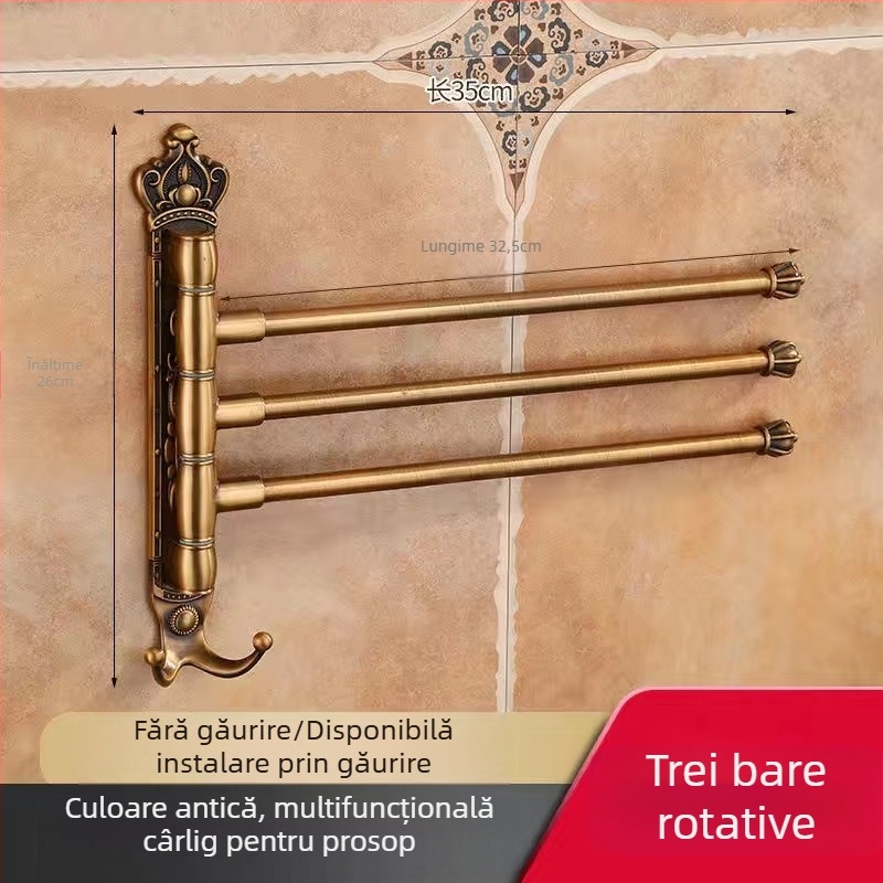 Raft antic pentru prosoape, montaj fără găuri, stil european pentru baie, suport pentru periuța de dinți și pahar, bară de prosoape rotativă și pliabilă; aliaj de aluminiu; sarcină 20 kg; multistrat; stil modern minimalist.