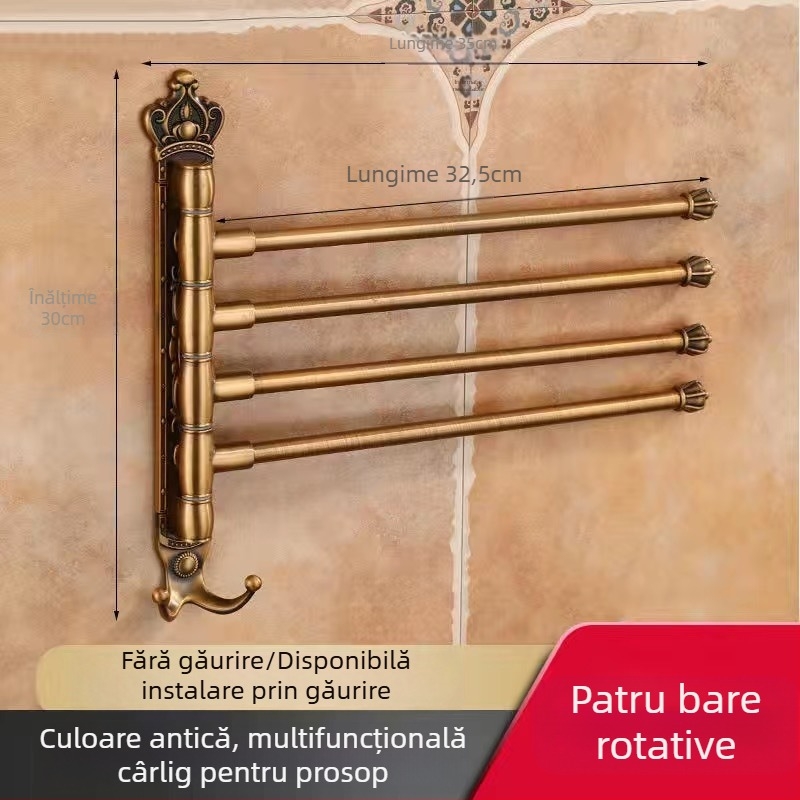 Raft antic pentru prosoape, montaj fără găuri, stil european pentru baie, suport pentru periuța de dinți și pahar, bară de prosoape rotativă și pliabilă; aliaj de aluminiu; sarcină 20 kg; multistrat; stil modern minimalist.