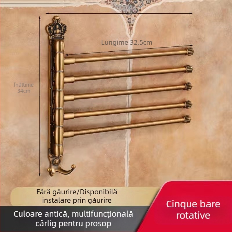 Raft antic pentru prosoape, montaj fără găuri, stil european pentru baie, suport pentru periuța de dinți și pahar, bară de prosoape rotativă și pliabilă; aliaj de aluminiu; sarcină 20 kg; multistrat; stil modern minimalist.