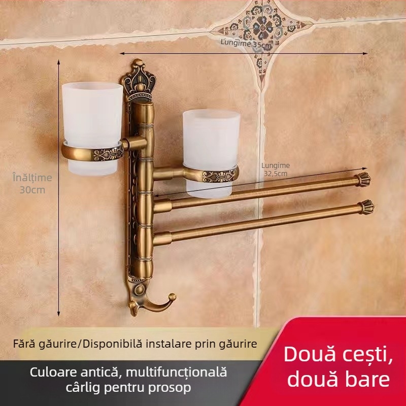 Raft antic pentru prosoape, montaj fără găuri, stil european pentru baie, suport pentru periuța de dinți și pahar, bară de prosoape rotativă și pliabilă; aliaj de aluminiu; sarcină 20 kg; multistrat; stil modern minimalist.