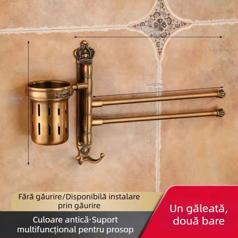 Raft antic pentru prosoape, montaj fără găuri, stil european pentru baie, suport pentru periuța de dinți și pahar, bară de prosoape rotativă și pliabilă; aliaj de aluminiu; sarcină 20 kg; multistrat; stil modern minimalist.
