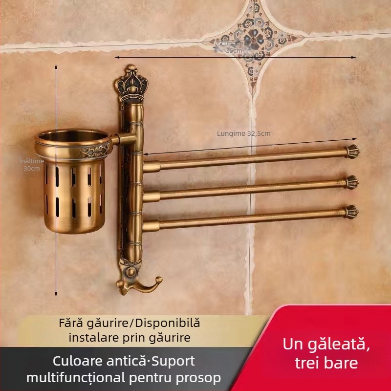 Raft antic pentru prosoape, montaj fără găuri, stil european pentru baie, suport pentru periuța de dinți și pahar, bară de prosoape rotativă și pliabilă; aliaj de aluminiu; sarcină 20 kg; multistrat; stil modern minimalist.