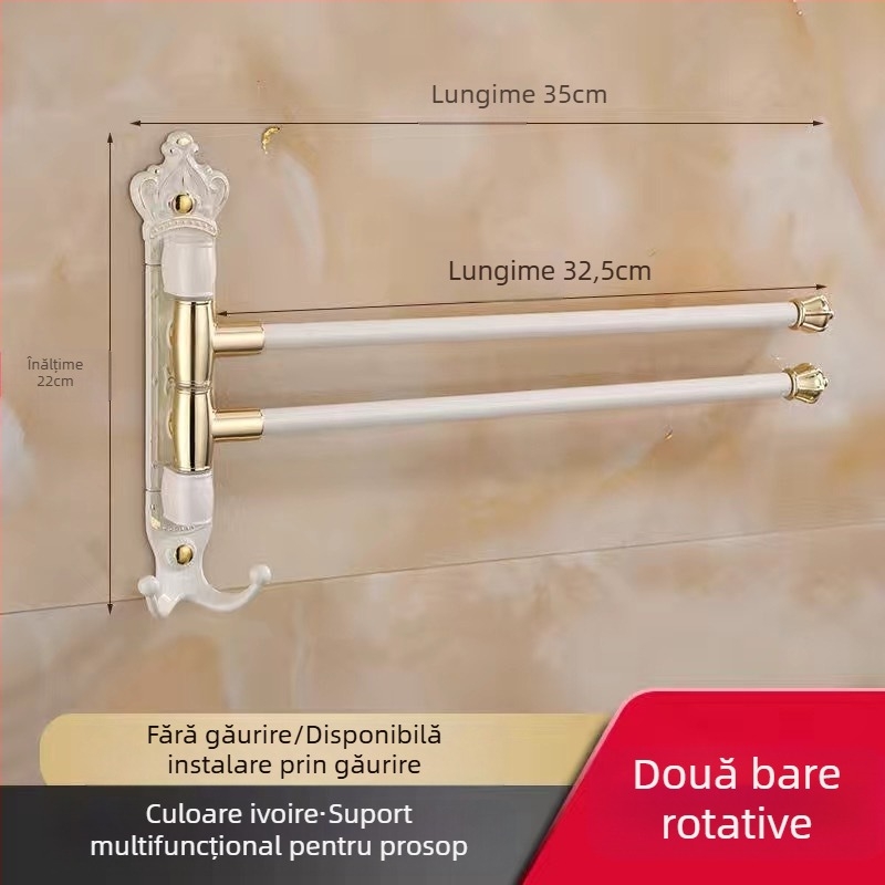 Raft antic pentru prosoape, montaj fără găuri, stil european pentru baie, suport pentru periuța de dinți și pahar, bară de prosoape rotativă și pliabilă; aliaj de aluminiu; sarcină 20 kg; multistrat; stil modern minimalist.