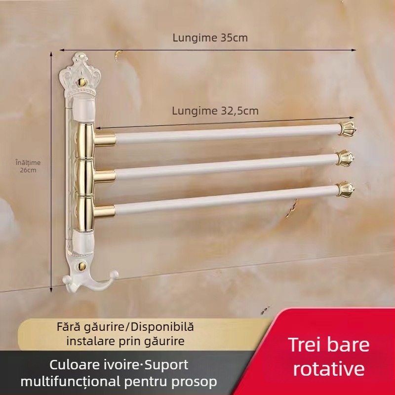 Raft antic pentru prosoape, montaj fără găuri, stil european pentru baie, suport pentru periuța de dinți și pahar, bară de prosoape rotativă și pliabilă; aliaj de aluminiu; sarcină 20 kg; multistrat; stil modern minimalist.