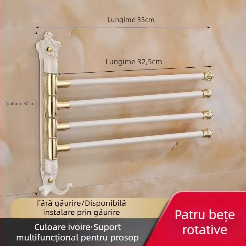 Raft antic pentru prosoape, montaj fără găuri, stil european pentru baie, suport pentru periuța de dinți și pahar, bară de prosoape rotativă și pliabilă; aliaj de aluminiu; sarcină 20 kg; multistrat; stil modern minimalist.