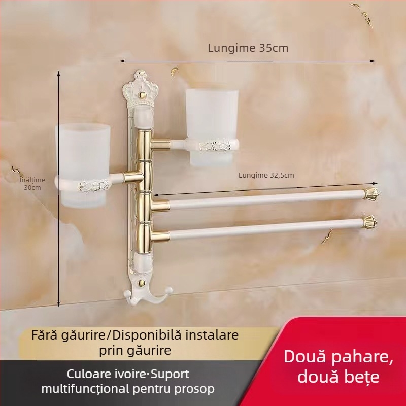 Raft antic pentru prosoape, montaj fără găuri, stil european pentru baie, suport pentru periuța de dinți și pahar, bară de prosoape rotativă și pliabilă; aliaj de aluminiu; sarcină 20 kg; multistrat; stil modern minimalist.