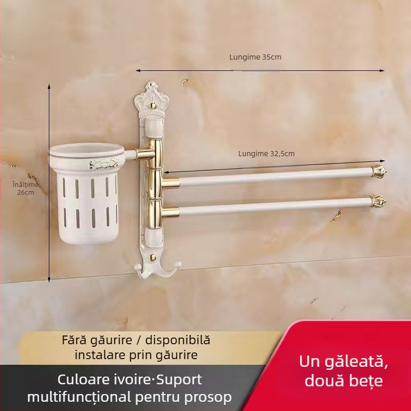 Raft antic pentru prosoape, montaj fără găuri, stil european pentru baie, suport pentru periuța de dinți și pahar, bară de prosoape rotativă și pliabilă; aliaj de aluminiu; sarcină 20 kg; multistrat; stil modern minimalist.