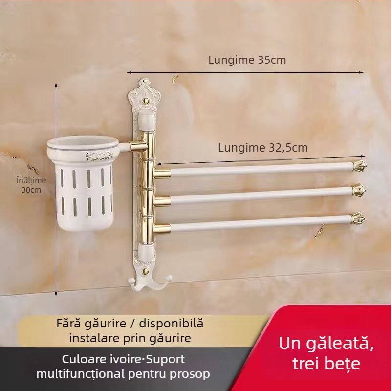 Raft antic pentru prosoape, montaj fără găuri, stil european pentru baie, suport pentru periuța de dinți și pahar, bară de prosoape rotativă și pliabilă; aliaj de aluminiu; sarcină 20 kg; multistrat; stil modern minimalist.