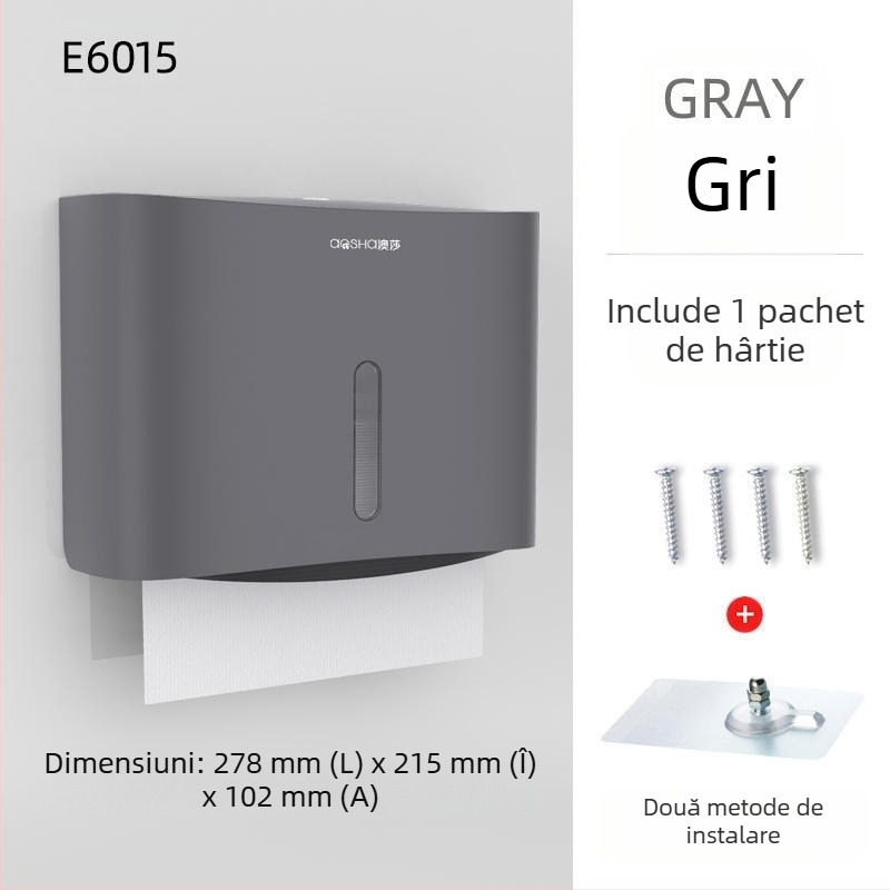 Cutie montată pe perete pentru șervete de hârtie — ABS, rezistentă la apă, fără găuri, model 6015