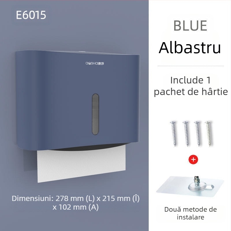 Cutie montată pe perete pentru șervete de hârtie — ABS, rezistentă la apă, fără găuri, model 6015