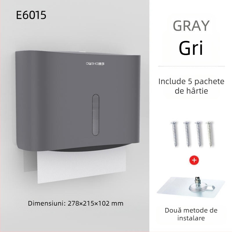 Cutie montată pe perete pentru șervete de hârtie — ABS, rezistentă la apă, fără găuri, model 6015
