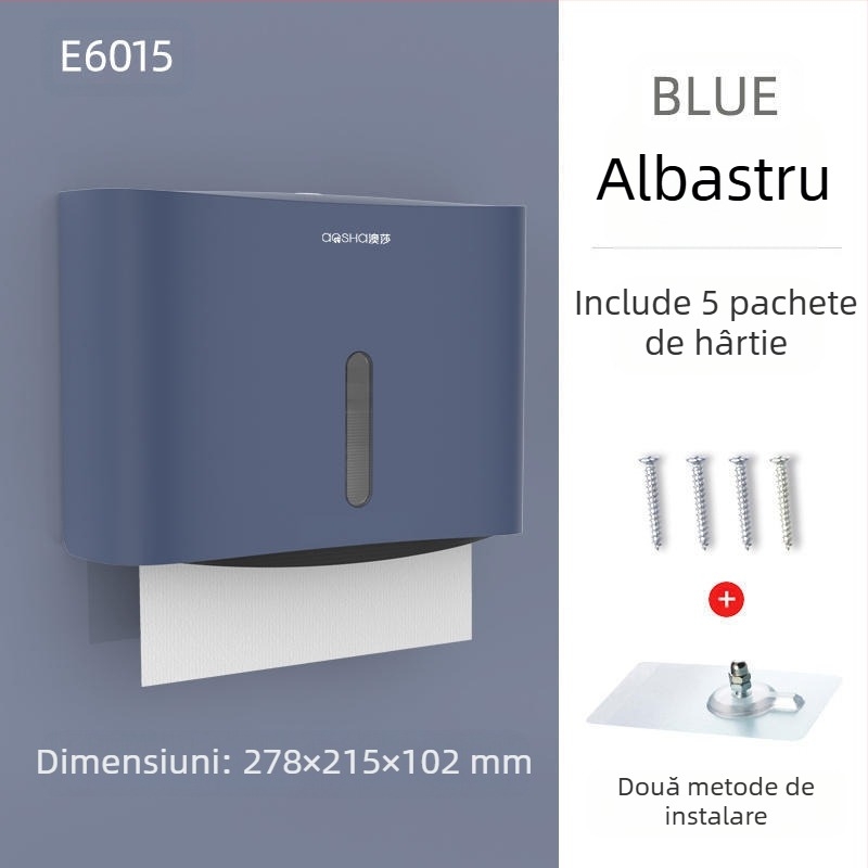 Cutie montată pe perete pentru șervete de hârtie — ABS, rezistentă la apă, fără găuri, model 6015
