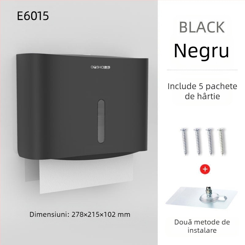 Cutie montată pe perete pentru șervete de hârtie — ABS, rezistentă la apă, fără găuri, model 6015