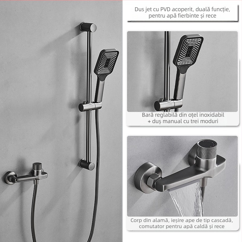 Set de duș din cupru, montaj încastrat, funcție ploaie, cap de duș pătrat, model 7030