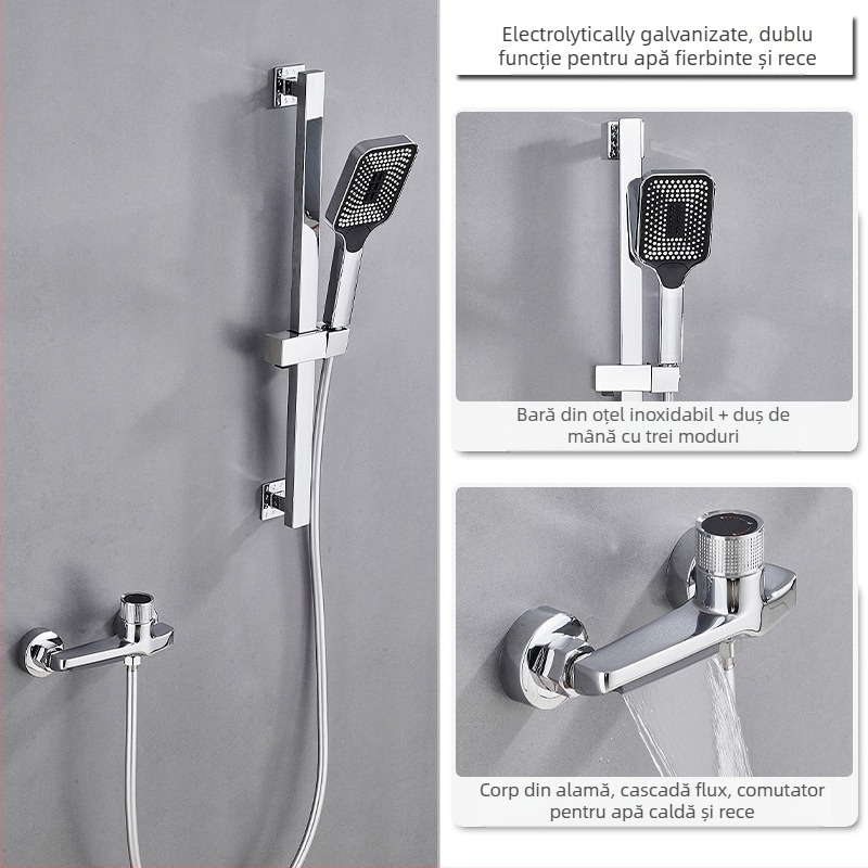 Set de duș din cupru, montaj încastrat, funcție ploaie, cap de duș pătrat, model 7030