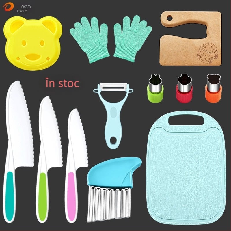 Set de cuțite din plastic pentru fructe pentru copii, lamă în formă de val, decojitor și matriță pentru biscuiți — PP+TPR, lungimea lamei 16.5 cm, lungimea totală 27.5 cm, turnare prin injecție