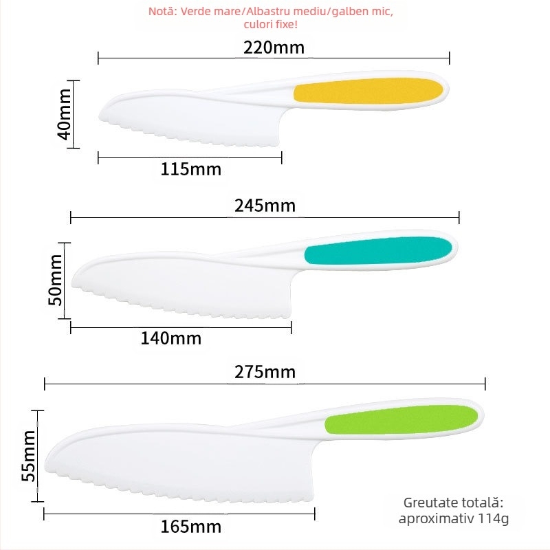 Set de cuțite din plastic pentru fructe pentru copii, lamă în formă de val, decojitor și matriță pentru biscuiți — PP+TPR, lungimea lamei 16.5 cm, lungimea totală 27.5 cm, turnare prin injecție
