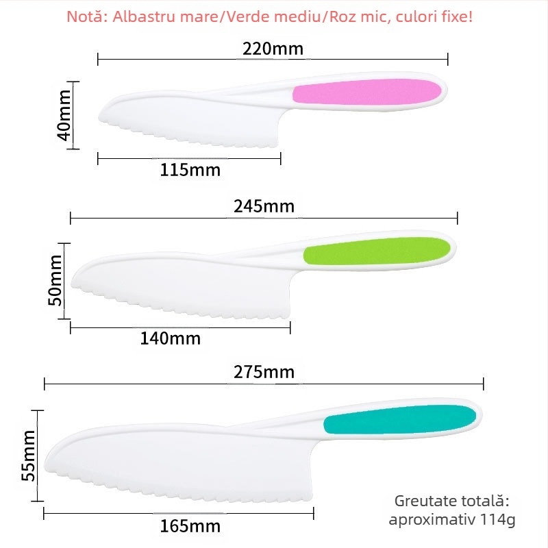 Set de cuțite din plastic pentru fructe pentru copii, lamă în formă de val, decojitor și matriță pentru biscuiți — PP+TPR, lungimea lamei 16.5 cm, lungimea totală 27.5 cm, turnare prin injecție