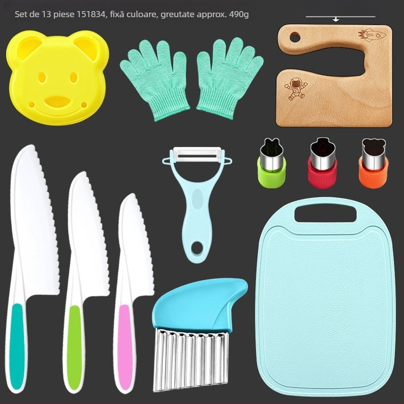Set de cuțite din plastic pentru fructe pentru copii, lamă în formă de val, decojitor și matriță pentru biscuiți — PP+TPR, lungimea lamei 16.5 cm, lungimea totală 27.5 cm, turnare prin injecție