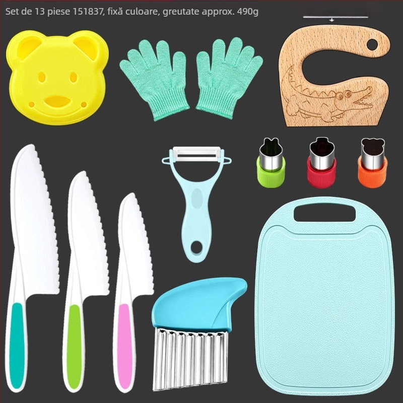 Set de cuțite din plastic pentru fructe pentru copii, lamă în formă de val, decojitor și matriță pentru biscuiți — PP+TPR, lungimea lamei 16.5 cm, lungimea totală 27.5 cm, turnare prin injecție