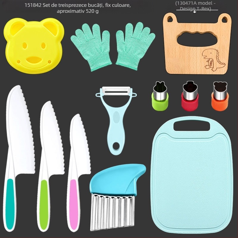 Set de cuțite din plastic pentru fructe pentru copii, lamă în formă de val, decojitor și matriță pentru biscuiți — PP+TPR, lungimea lamei 16.5 cm, lungimea totală 27.5 cm, turnare prin injecție