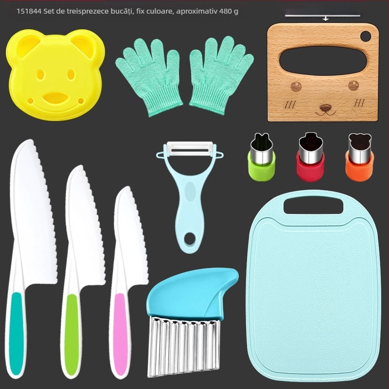 Set de cuțite din plastic pentru fructe pentru copii, lamă în formă de val, decojitor și matriță pentru biscuiți — PP+TPR, lungimea lamei 16.5 cm, lungimea totală 27.5 cm, turnare prin injecție