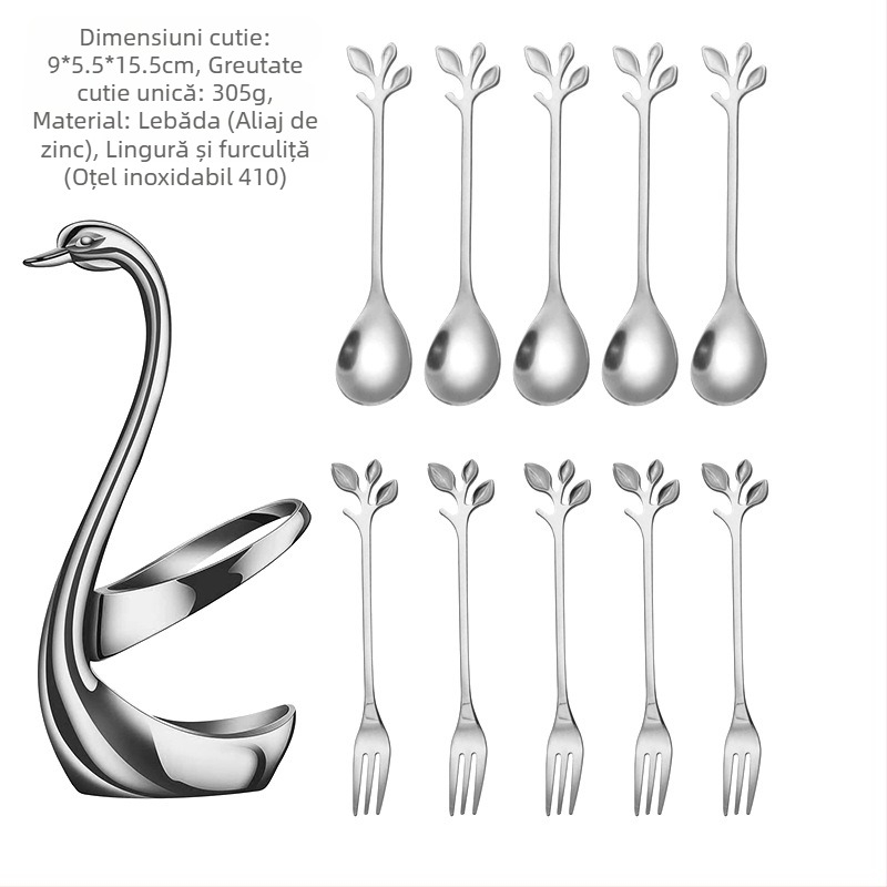 Set de furculițe pentru fructe și lingură de desert din oțel inoxidabil, stil ușor lux, model monocrom, finisaj oglindit