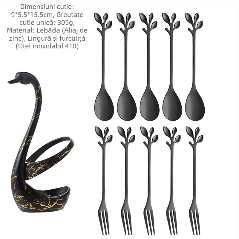 Set de furculițe pentru fructe și lingură de desert din oțel inoxidabil, stil ușor lux, model monocrom, finisaj oglindit