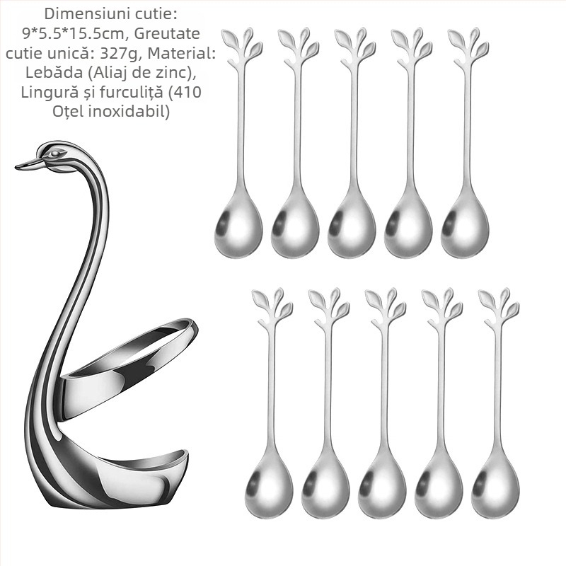 Set de furculițe pentru fructe și lingură de desert din oțel inoxidabil, stil ușor lux, model monocrom, finisaj oglindit