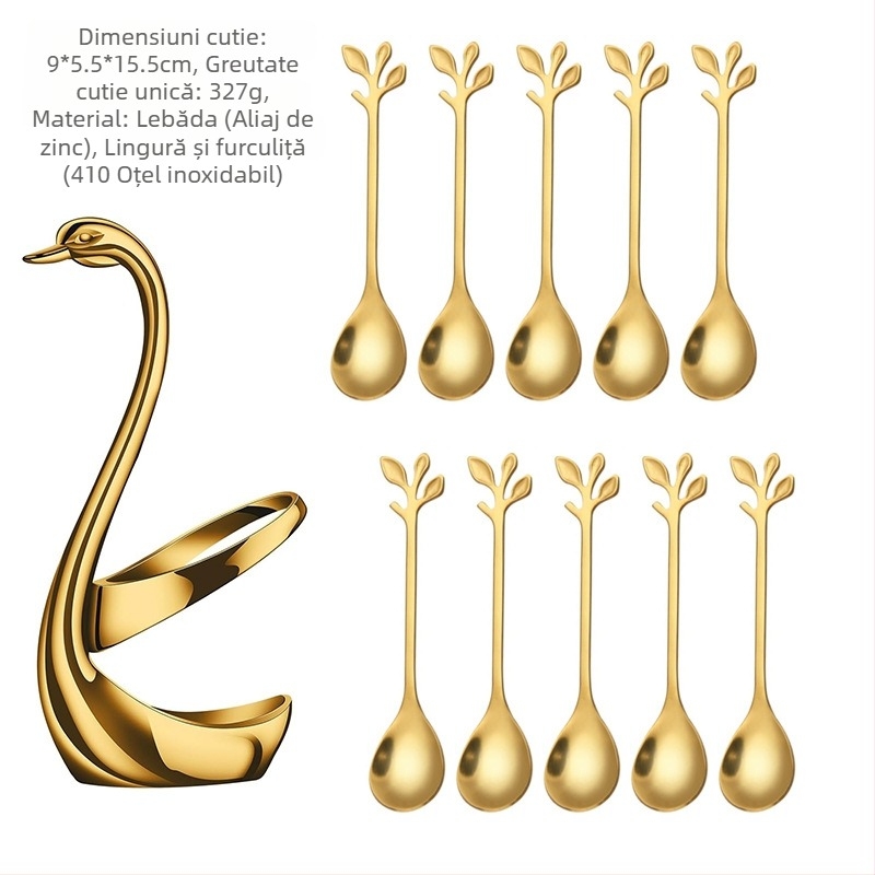 Set de furculițe pentru fructe și lingură de desert din oțel inoxidabil, stil ușor lux, model monocrom, finisaj oglindit