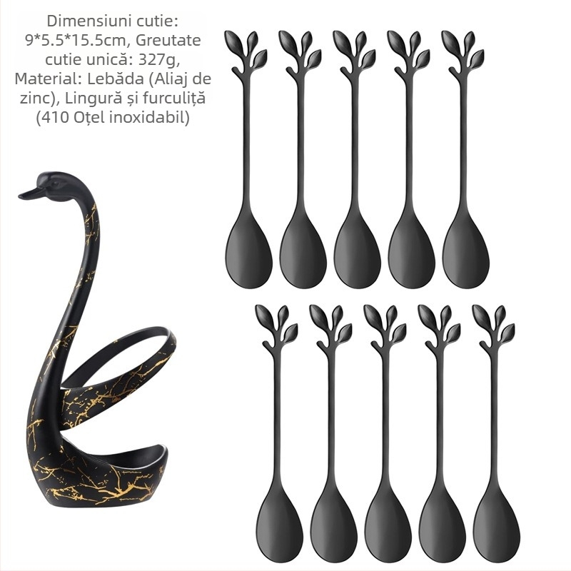 Set de furculițe pentru fructe și lingură de desert din oțel inoxidabil, stil ușor lux, model monocrom, finisaj oglindit