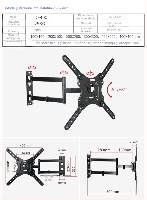 Suport de perete universal pentru LCD monitor/TV, rotativ, extensibil, reglabil, model W100, Creation Vision