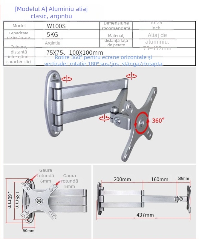 Suport de perete universal pentru LCD monitor/TV, rotativ, extensibil, reglabil, model W100, Creation Vision